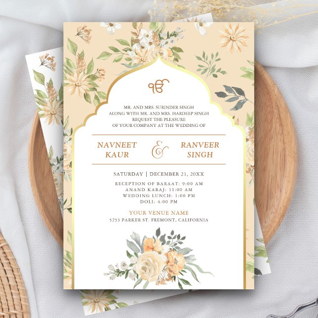 Convite Casamento Pastel Peach Floral Anand Karaj Sikh (Criador carregado)