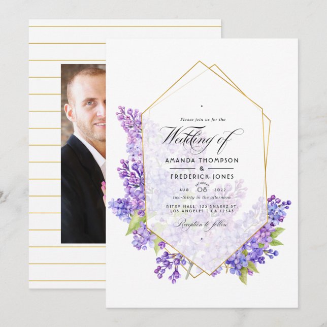 Convite Casamento Pastel Violeta e Dourado Geométrico Herb (Frente/Verso)
