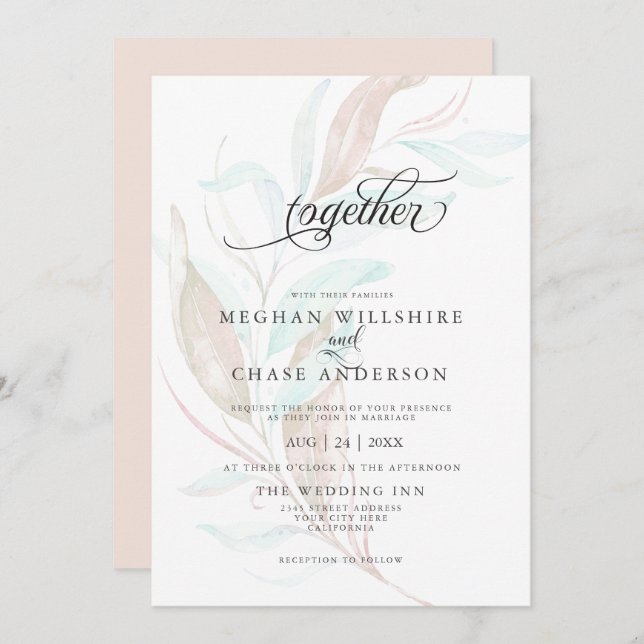 Convite CASAMENTO | Pastel Watercolor Wispy Foliage (Frente/Verso)