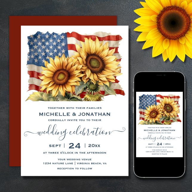 Convite Casamento Patriótico Americano de Bandeira Sunflow (Printed (Front and Back) and Digital Patriotic American Flag Sunflower Wedding Invitation)