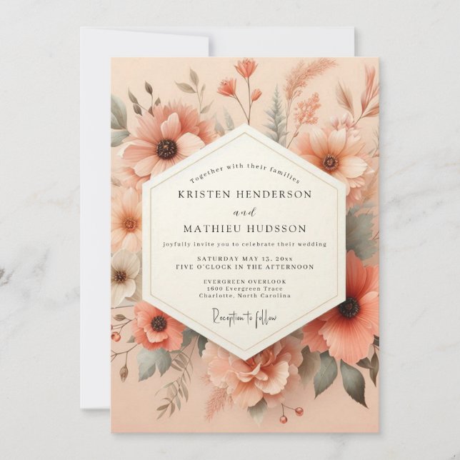 Convite Casamento Peach Artful Meadow (Frente)