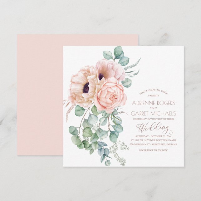 Convite Casamento Peach Floral & Eucalyptus Greenery (Frente/Verso)