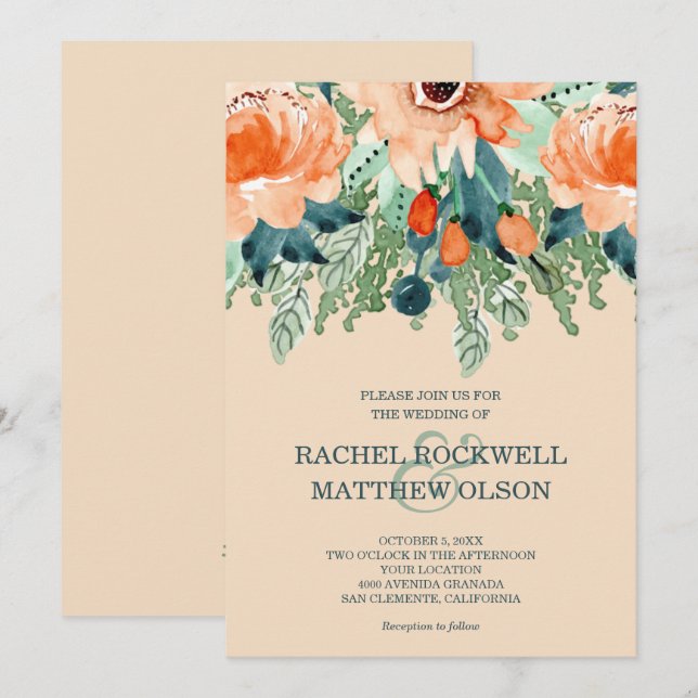 Convite Casamento Peach Floral Watercolor (Frente/Verso)