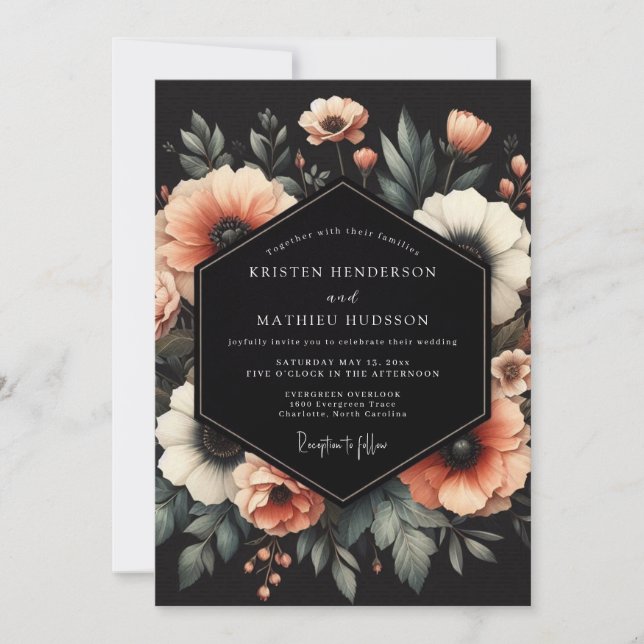 Convite Casamento Peach Noir Bloom (Frente)