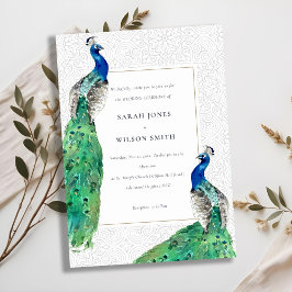 Convite Casamento Peacock de Aquarela com Ornamentado Clás