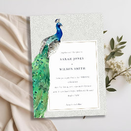 Convite Casamento Peacock de Aquarela com Ornamentado Clás