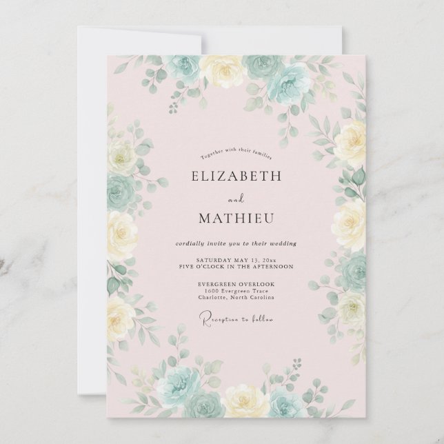 Convite Casamento Peônia Água Blush (Frente)