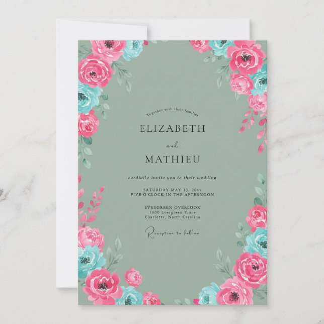 Convite Casamento Peônia Água Magenta (Frente)