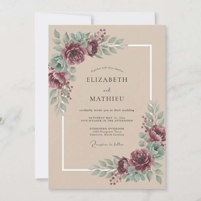 Convite Casamento Peônia Ameixa Taupe Celestial (Frente)
