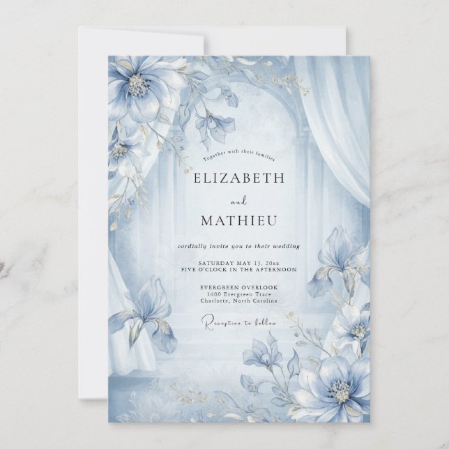 Convite Casamento Peônia Azul-Celeste (Frente)