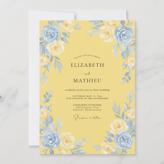Convite Casamento Peônia Azul Manteiga (Frente)