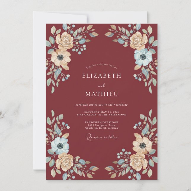 Convite Casamento Peônia Azul Marsala (Frente)