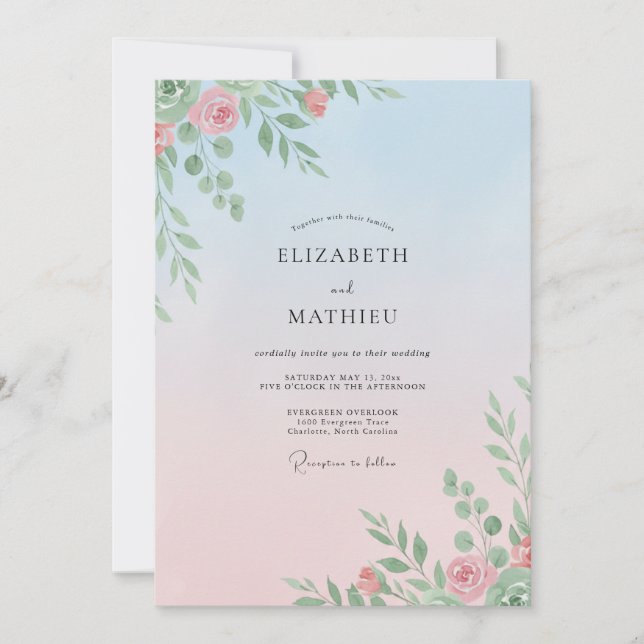 Convite Casamento Peônia Azul Pêssego Pó (Frente)