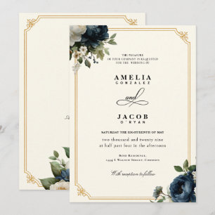Convite Casamento Peônia Azul Real com Moldura Dourada