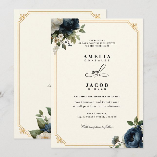 Convite Casamento Peônia Azul Real com Moldura Dourada (Frente/Verso)