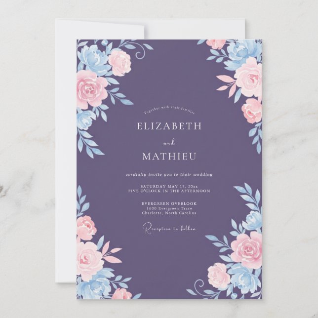 Convite Casamento Peônia Azul Rosa Âmbar (Frente)