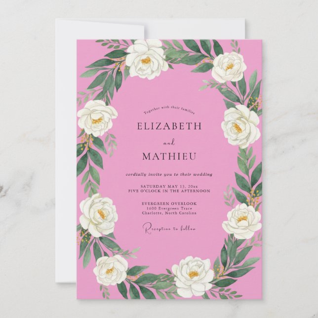 Convite Casamento Peônia Branca Magenta (Frente)