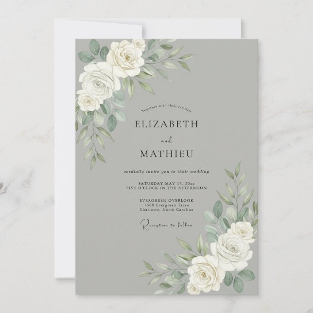 Convite Casamento Peônia Branca Prata (Frente)