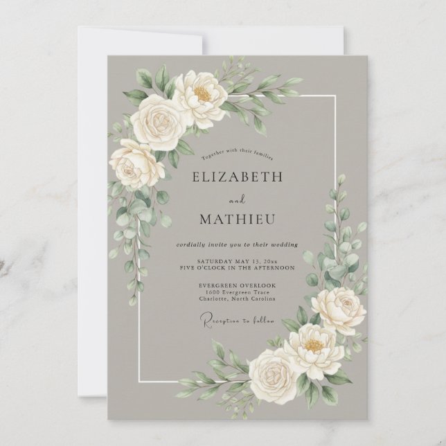 Convite Casamento Peônia Branca Taupe (Frente)