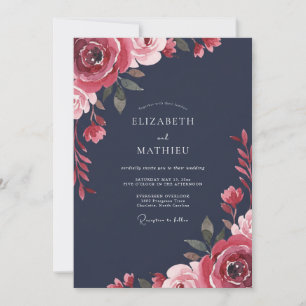 Convite Casamento Peônia Carmesim Meia-Noite