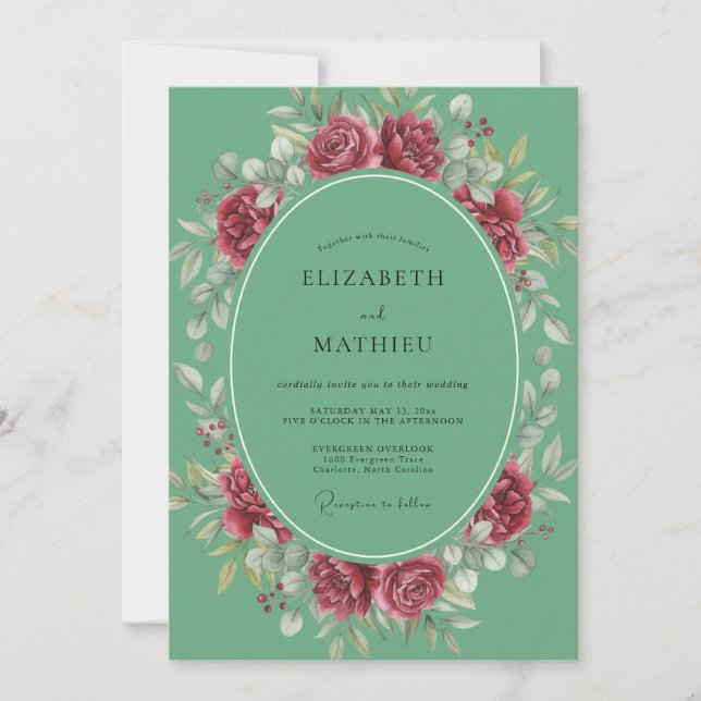 Convite Casamento Peônia Carmim Mint (Frente)