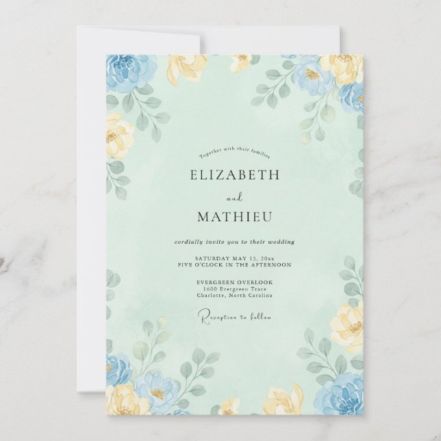 Convite Casamento Peônia Celadon Azul (Frente)