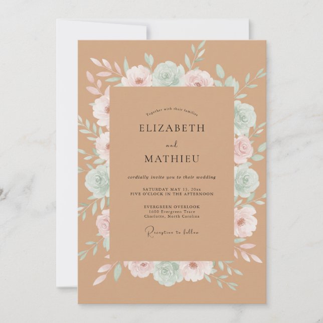 Convite Casamento Peônia Celadon Kraft (Frente)