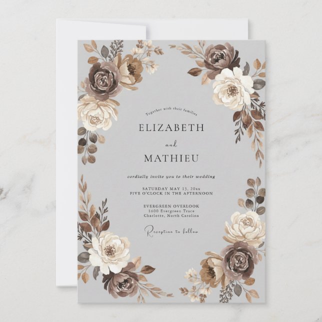 Convite Casamento Peônia Champanhe Mocha (Frente)