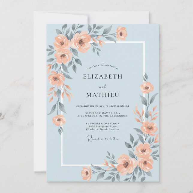 Convite Casamento Peônia Coral Ardósia (Frente)