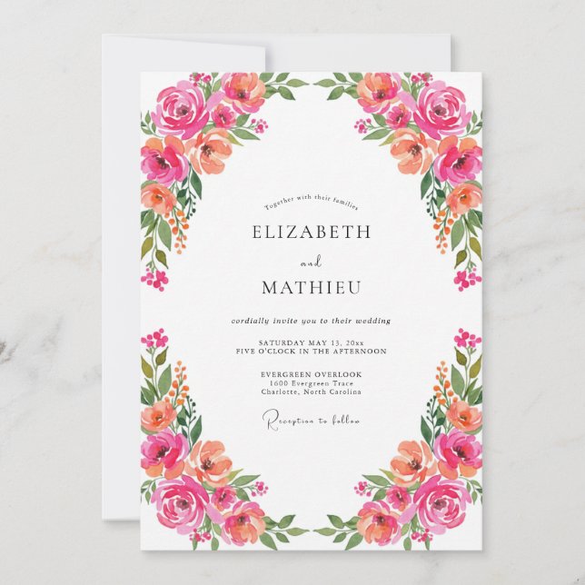 Convite Casamento Peônia Coral Fúcsia (Frente)