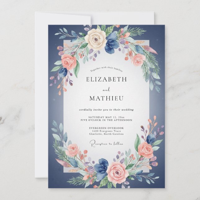 Convite Casamento Peônia Coral Índigo (Frente)