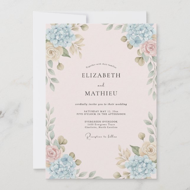 Convite Casamento Peônia Cornflower Blush (Frente)