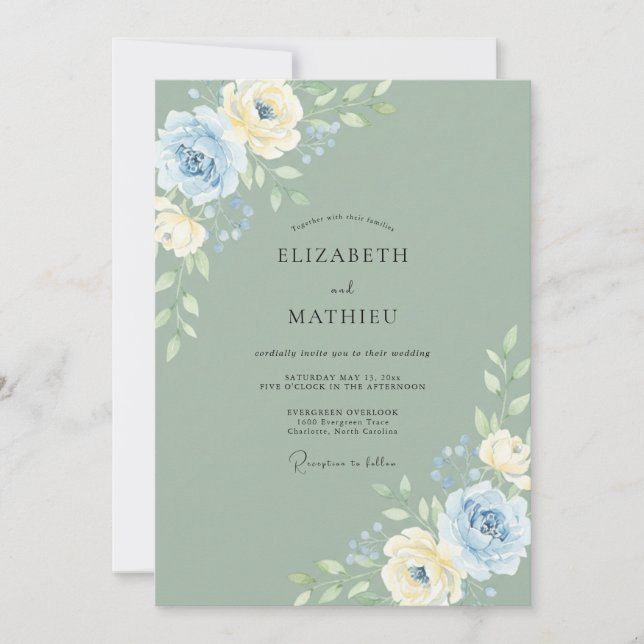 Convite Casamento Peônia Cornflower Celadon (Frente)