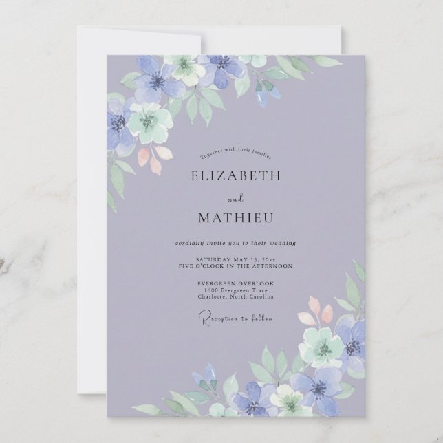 Convite Casamento Peônia Cornflower Slate (Frente)