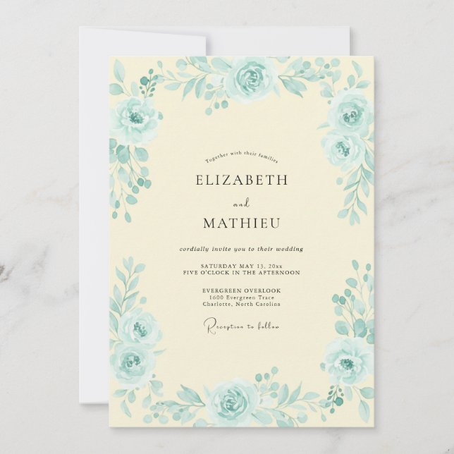 Convite Casamento Peônia Creme Aqua (Frente)