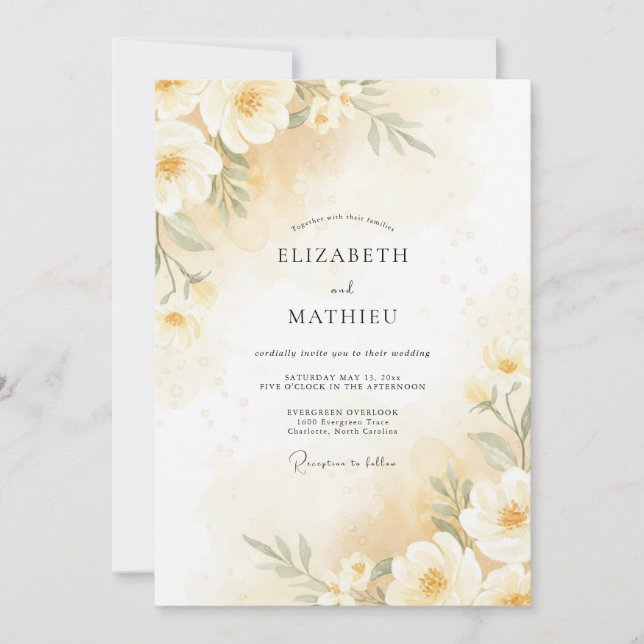 Convite Casamento Peônia Creme de Manteiga (Frente)
