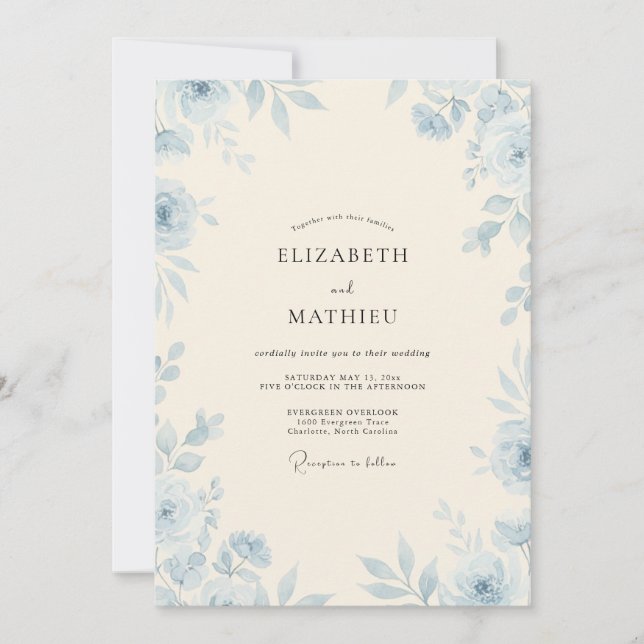 Convite Casamento Peônia Creme Quente Periwinkle (Frente)