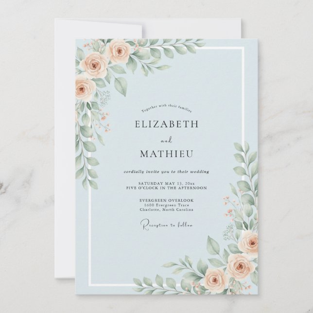 Convite Casamento Peônia Damasco Celeste (Frente)