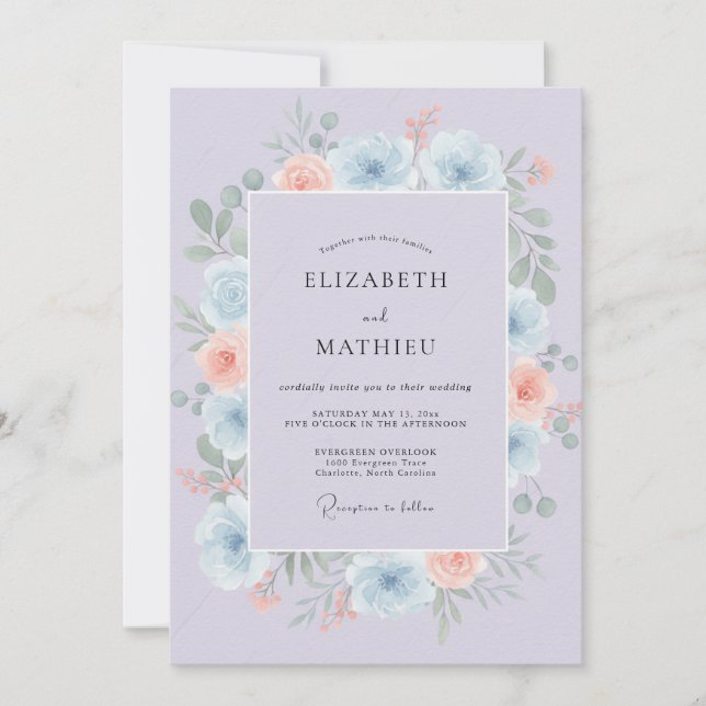 Convite Casamento Peônia Damasco Roxo (Frente)