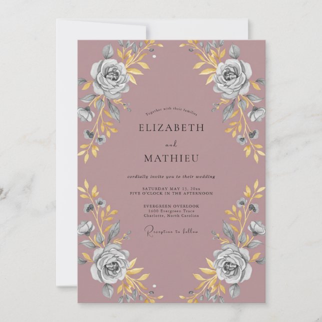 Convite Casamento Peônia Dourada Malva (Frente)