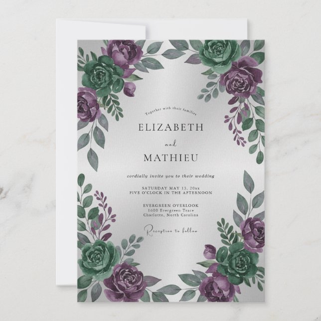 Convite Casamento Peônia Esmeralda Ameixa (Frente)