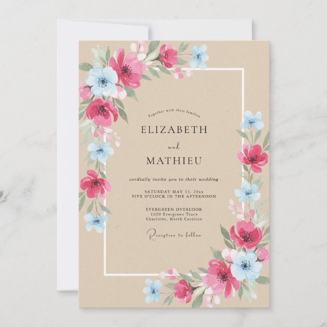 Convite Casamento Peônia Fuchsia Azul-Celeste (Frente)