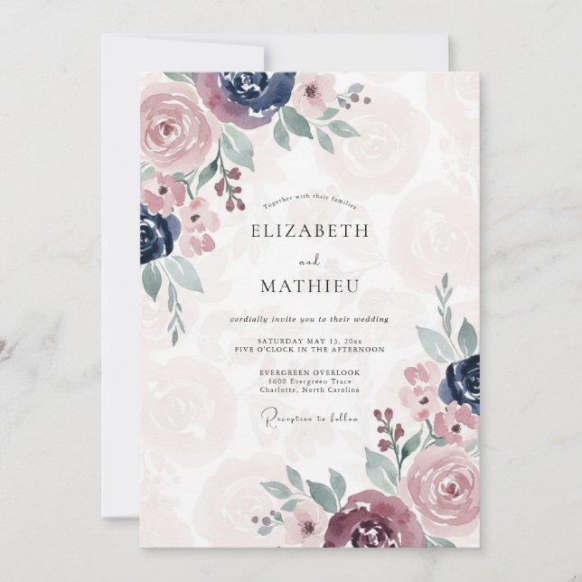 Convite Casamento Peônia Índigo Malva (Frente)