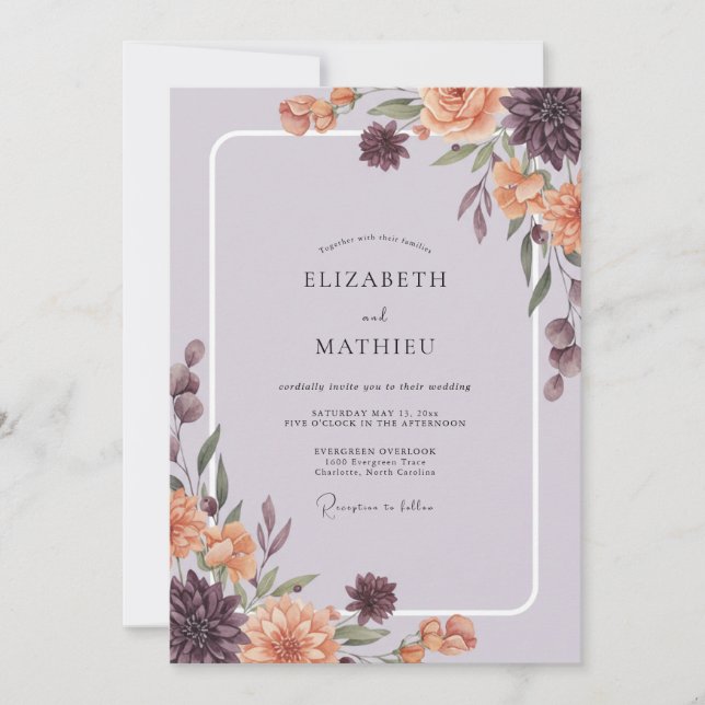 Convite Casamento Peônia Laranja Queimada Mauve (Frente)