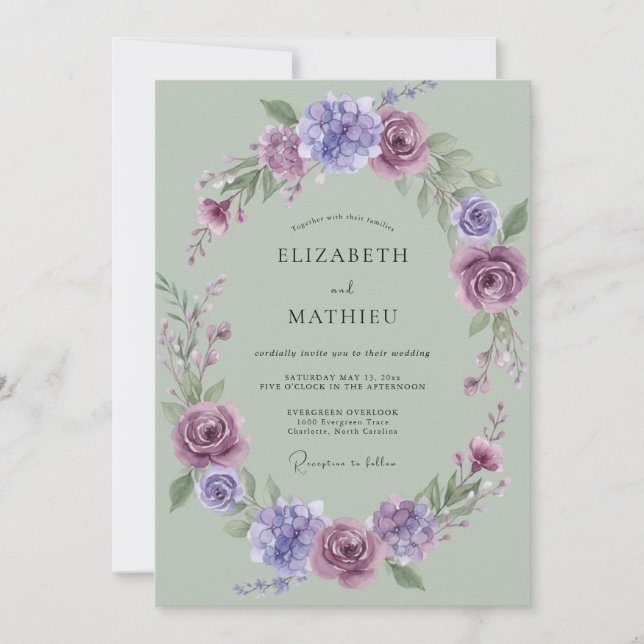 Convite Casamento Peônia Lavanda Celadon (Frente)