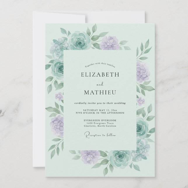 Convite Casamento Peônia Lilás Celadon (Frente)