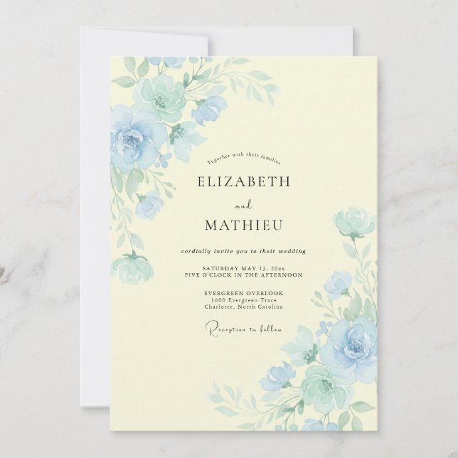 Convite Casamento Peônia Limão Azul-marinho (Frente)