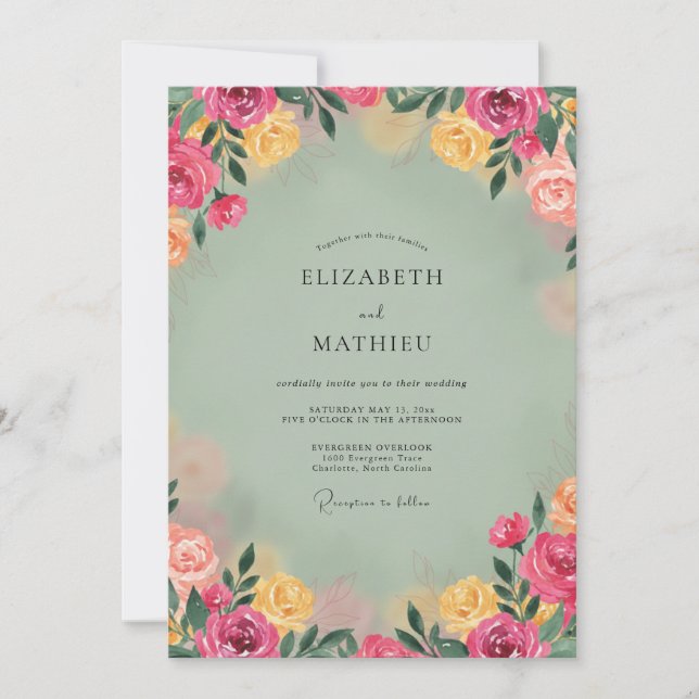 Convite Casamento Peônia Magenta Celadon (Frente)