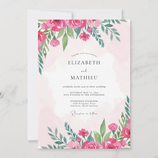 Convite Casamento Peônia Magenta Rosa Pétala (Frente)