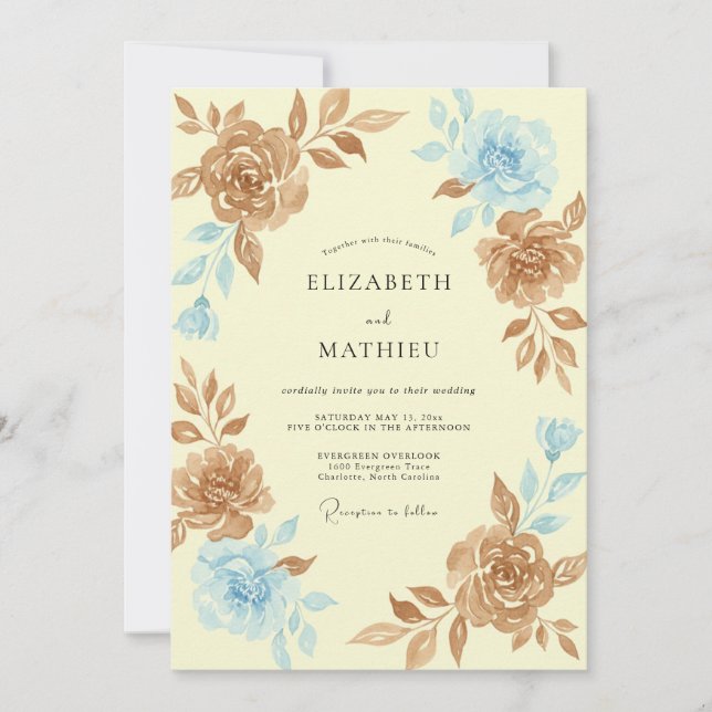 Convite Casamento Peônia Manteiga Bronze (Frente)